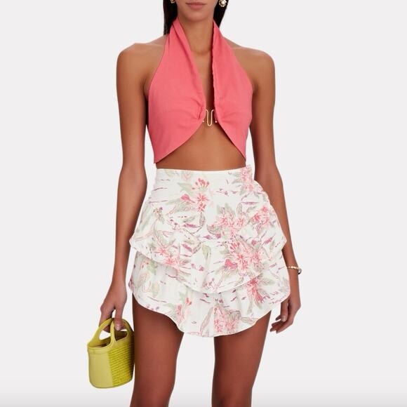 NWT MOTHERAnthropologieFloral Mini Pink Ruffle Denim Mini...